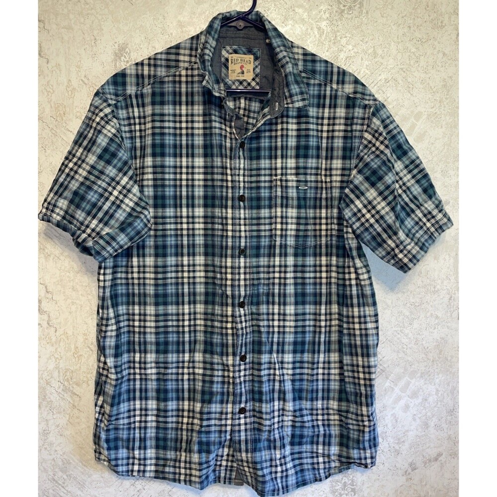 RedHead Men Plaid Butto Up Short Sleeve Shirt Blue Green White Cotton XL